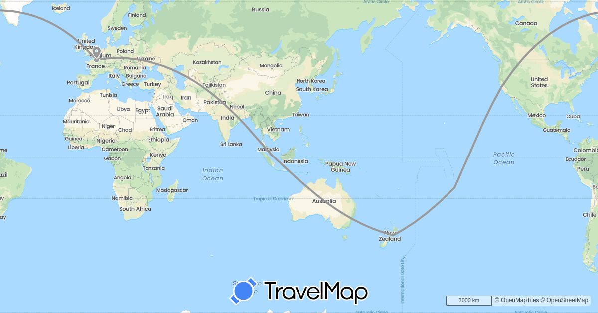 TravelMap itinerary: driving, plane in Australia, France, New Zealand, Singapore, United States (Asia, Europe, North America, Oceania)